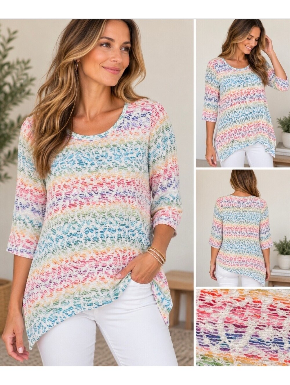 Alfred Dunner Women’s XL Rainbow Textured Stripe Asymmetrical Boho Tunic Top